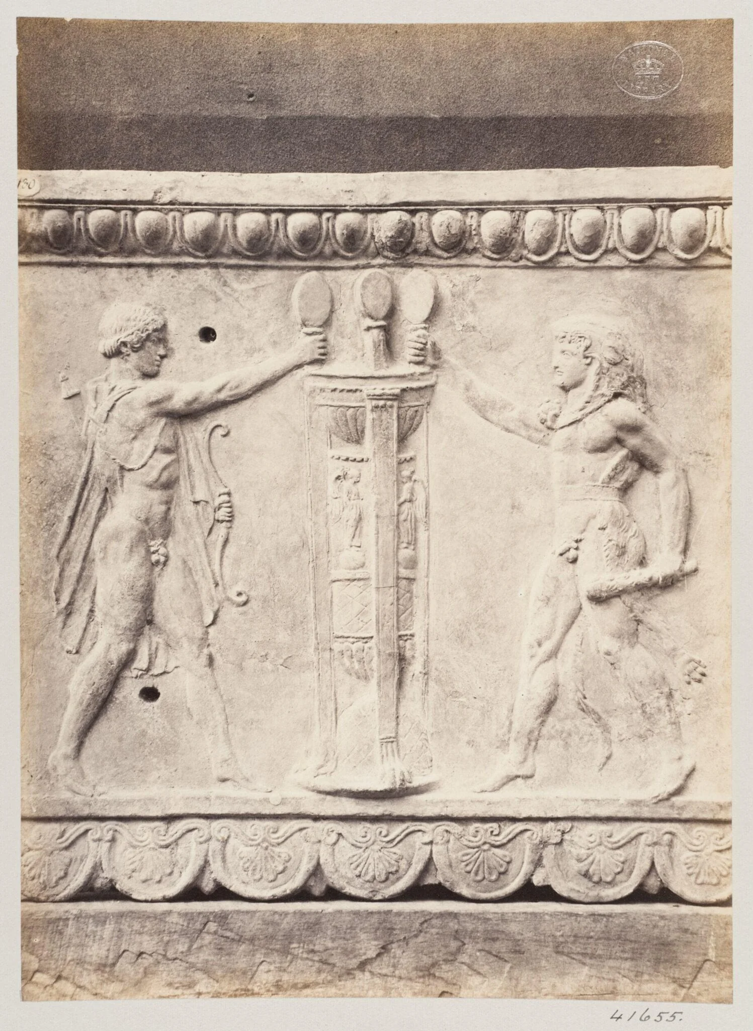 Bas-relief of a portion of a frieze with Hercules seizing the tripod of Delphi in terra cotta, by Louise Laffon, photographic, 1864