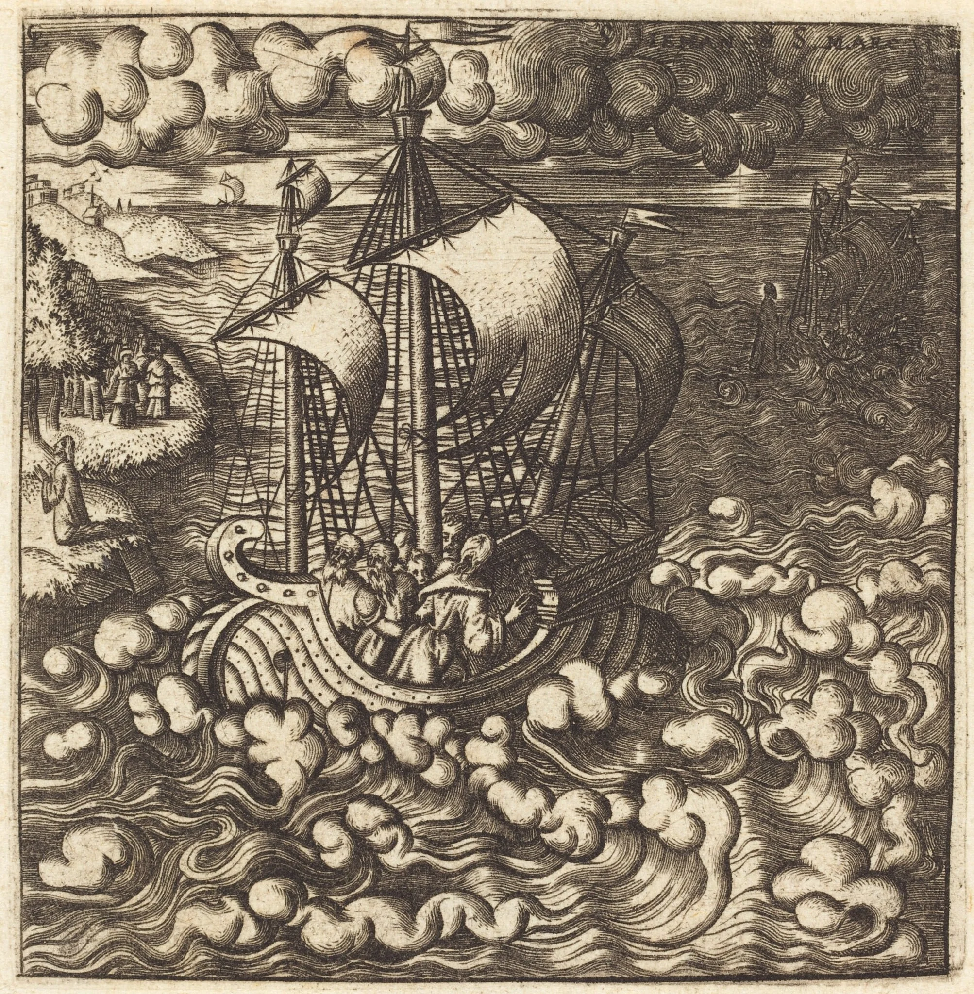 Christ Praying while His Disciples are in a Boat on a Windy Sea, by Léonard Gaultier, ink, 1578