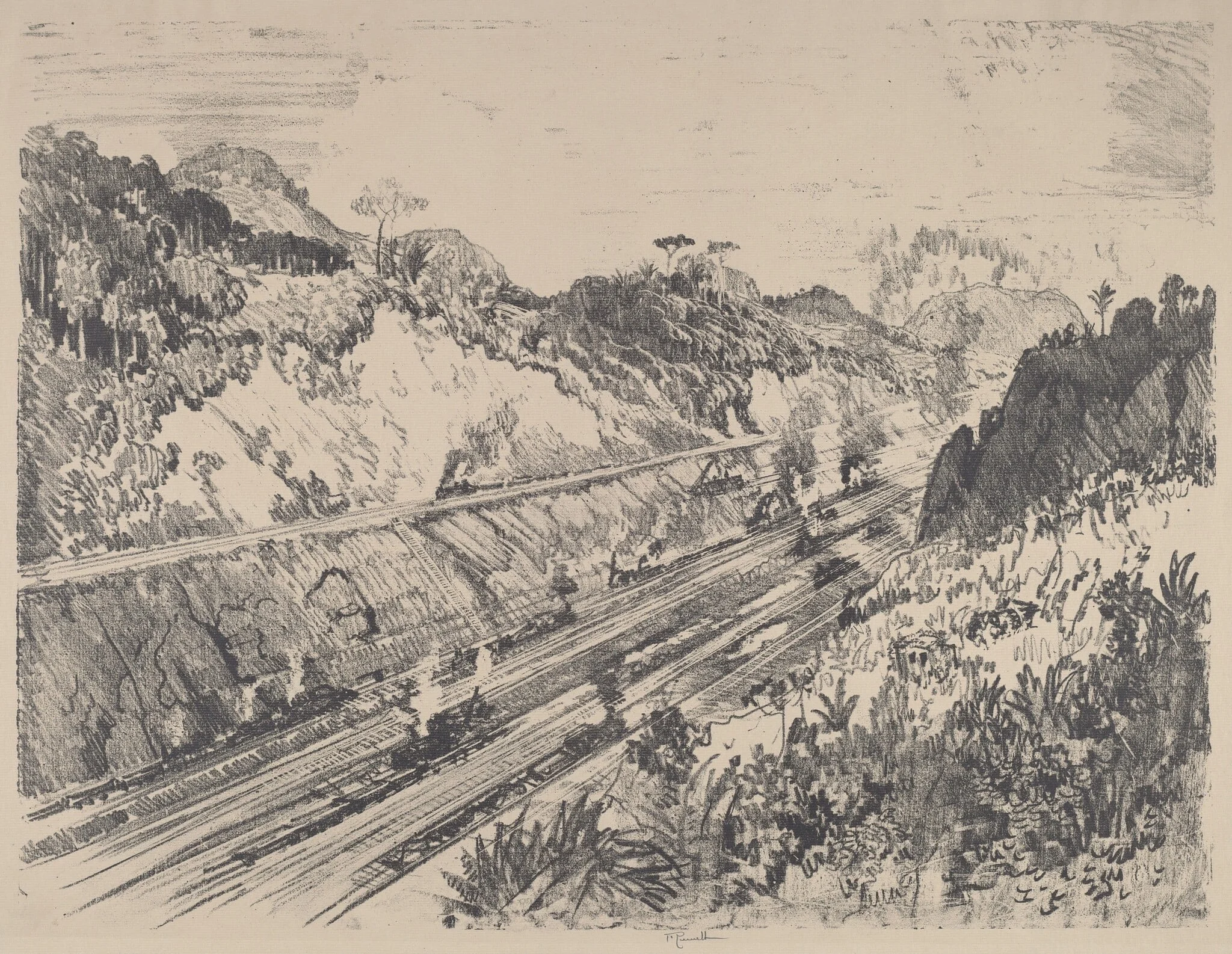 Looking up the Cut from Bas Obispo, by Joseph Pennell, ink, 1912