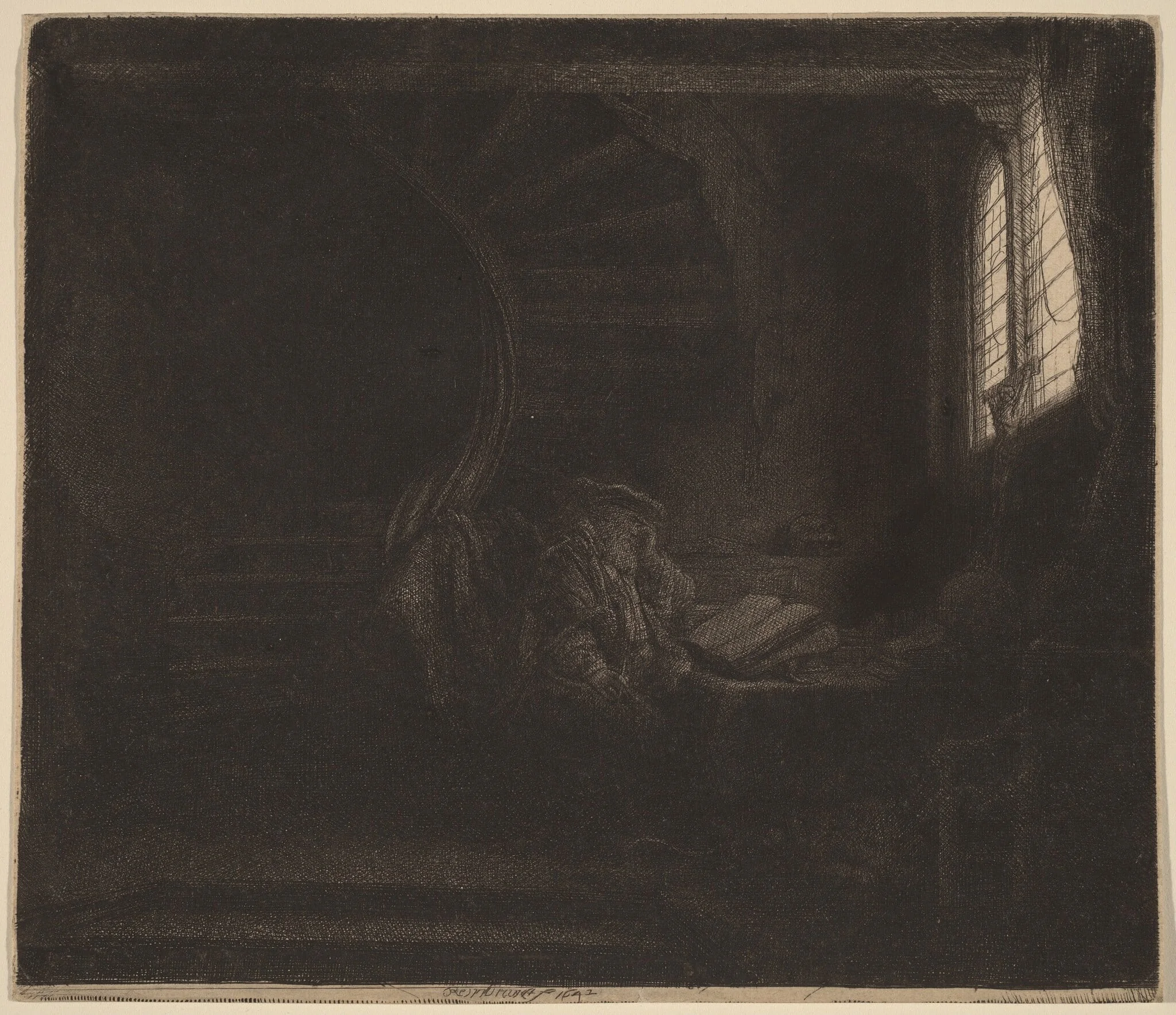 St. Jerome in a Dark Chamber, by Rembrandt, ink, 1642