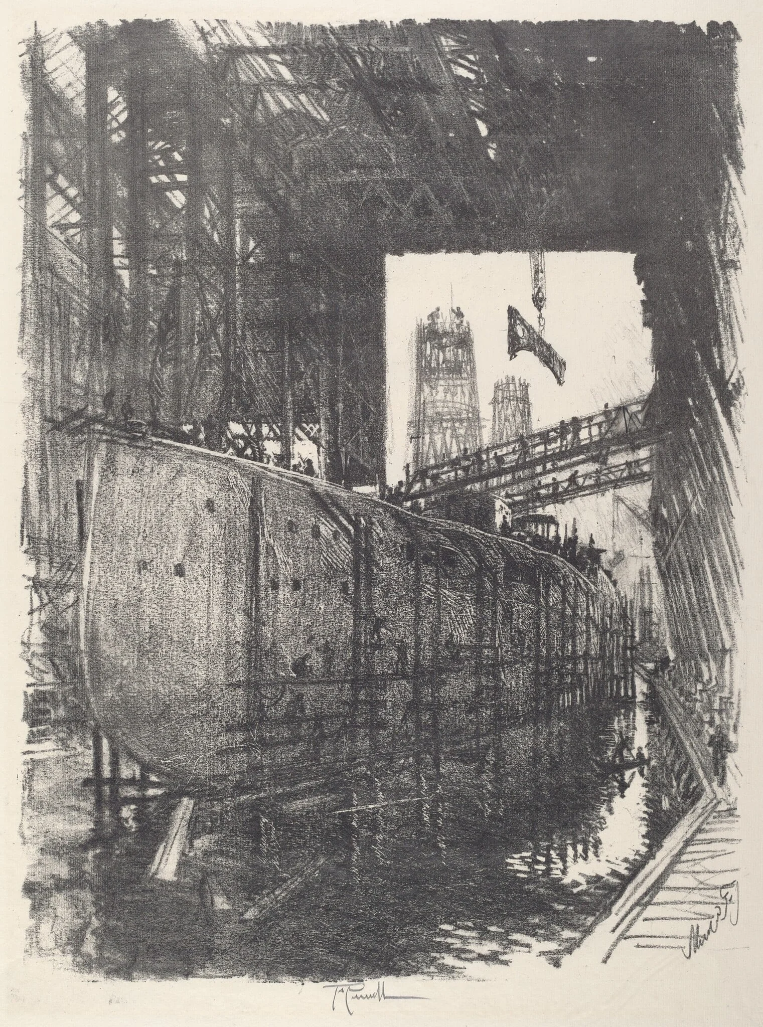 Building the Battleship, by Joseph Pennell, ink, 1917