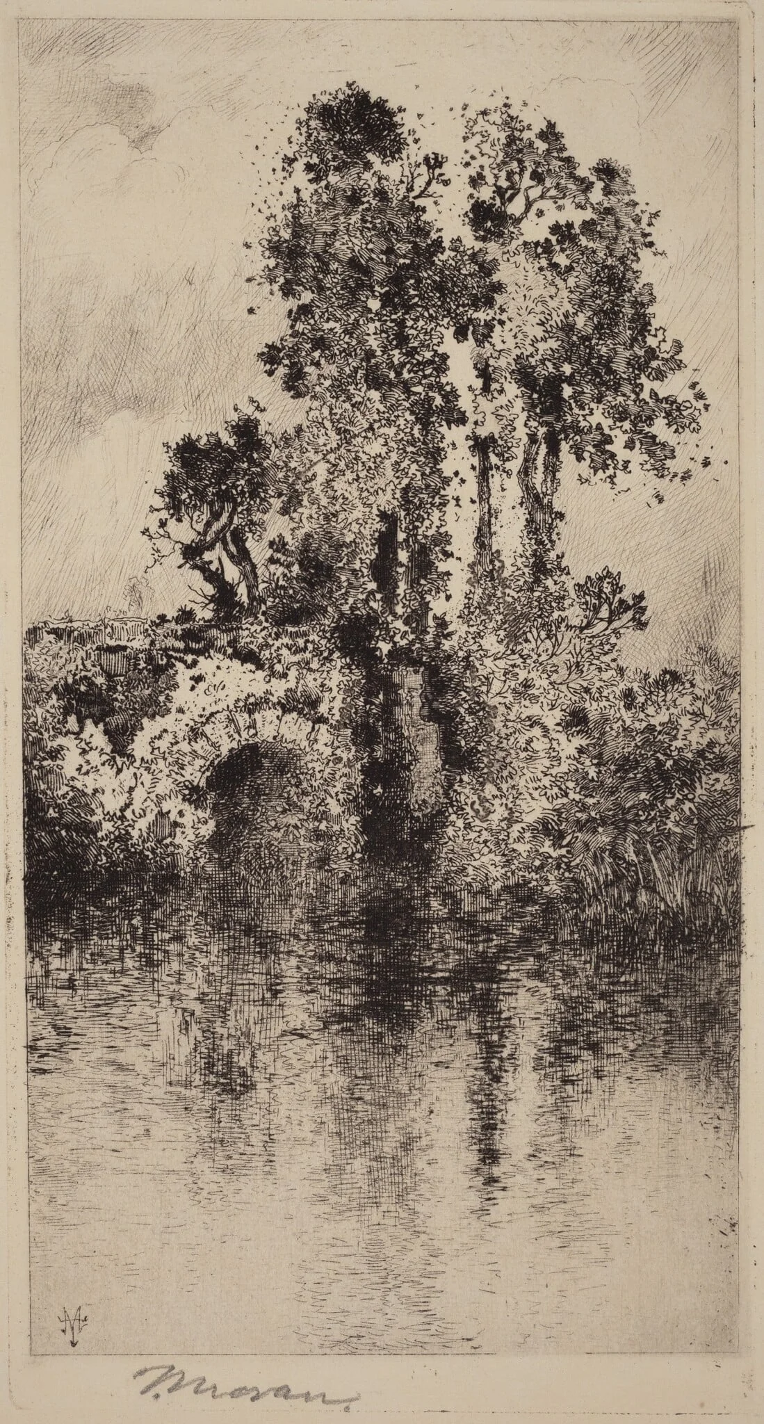 Bridge and Trees, by Thomas Moran, ink, 1878