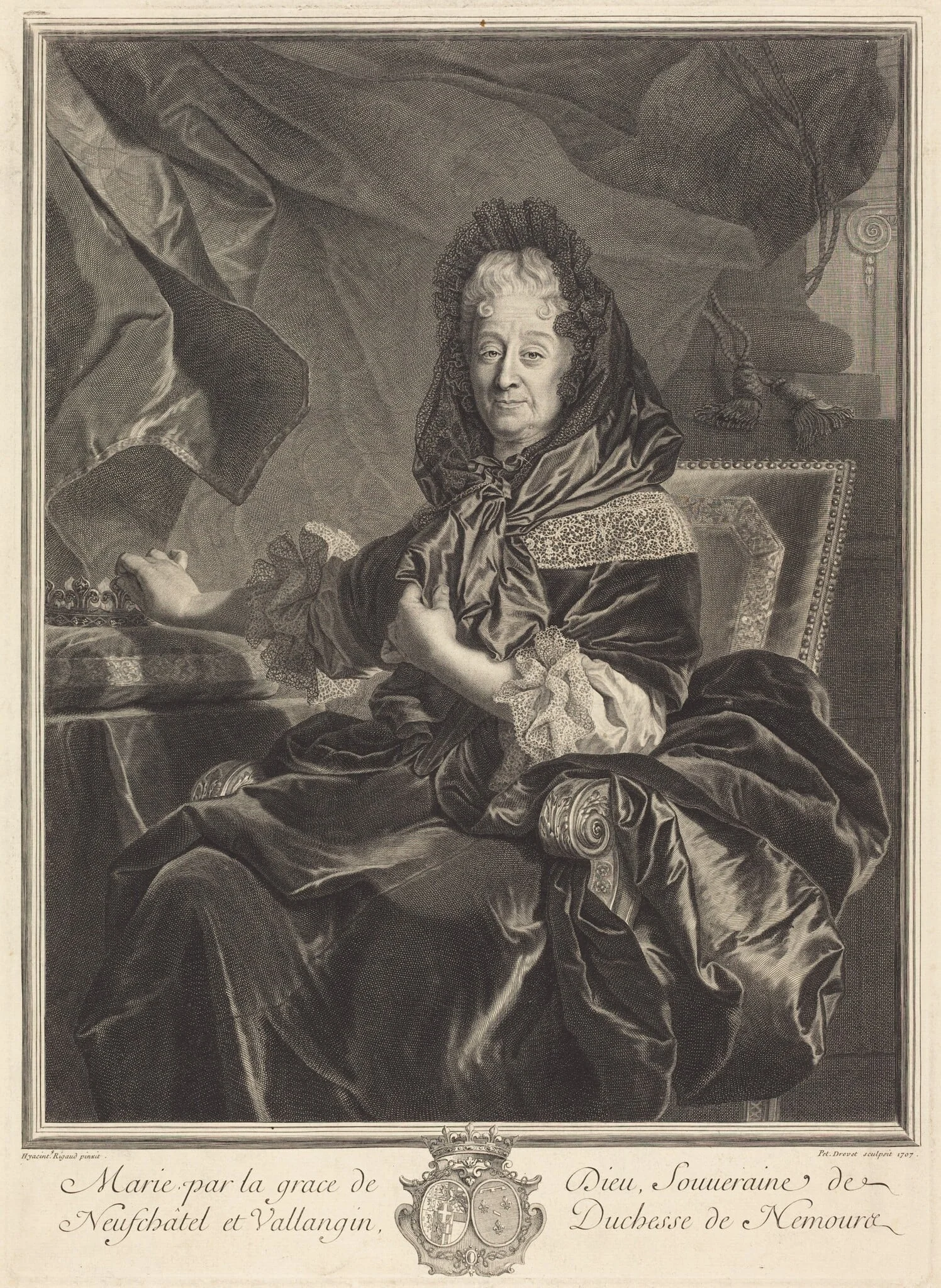 Duchesse de Nemours, by Pierre Drevet, ink, 1707