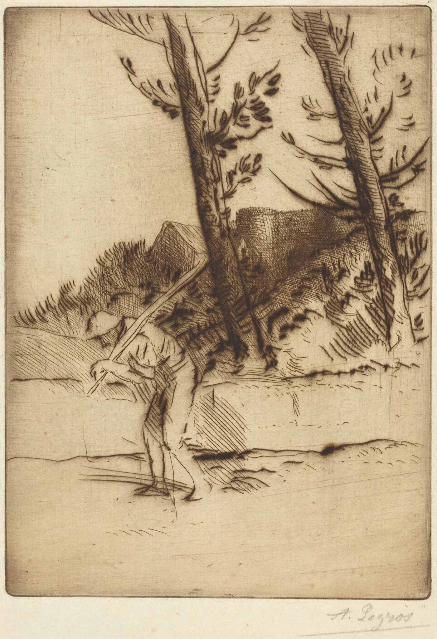 View of a Farm (La ferme des Bordes), by Alphonse Legros, ink, 1874