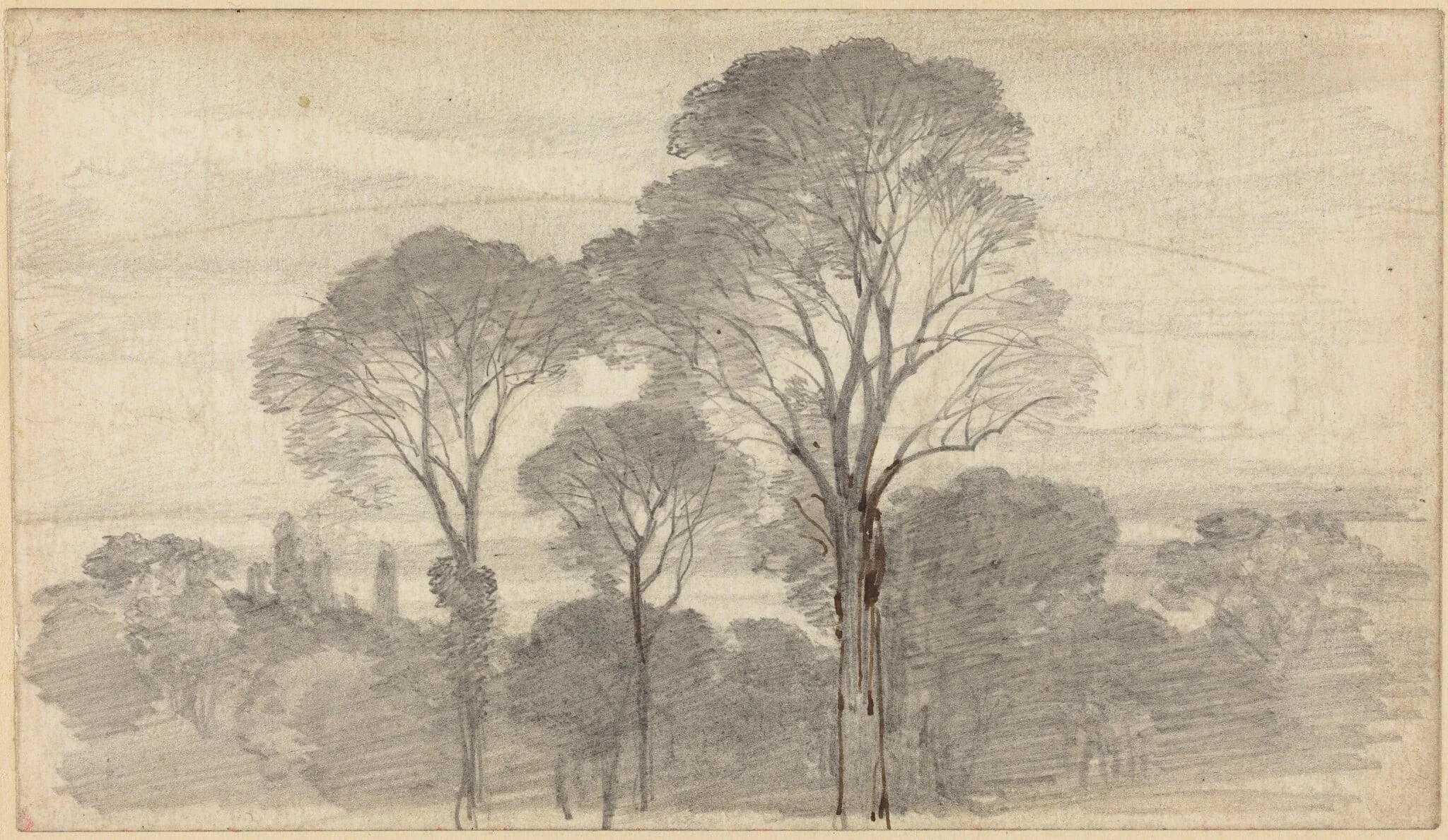 An Evening Landscape with Tall Trees, by Myles Birket Foster, ink, 1862