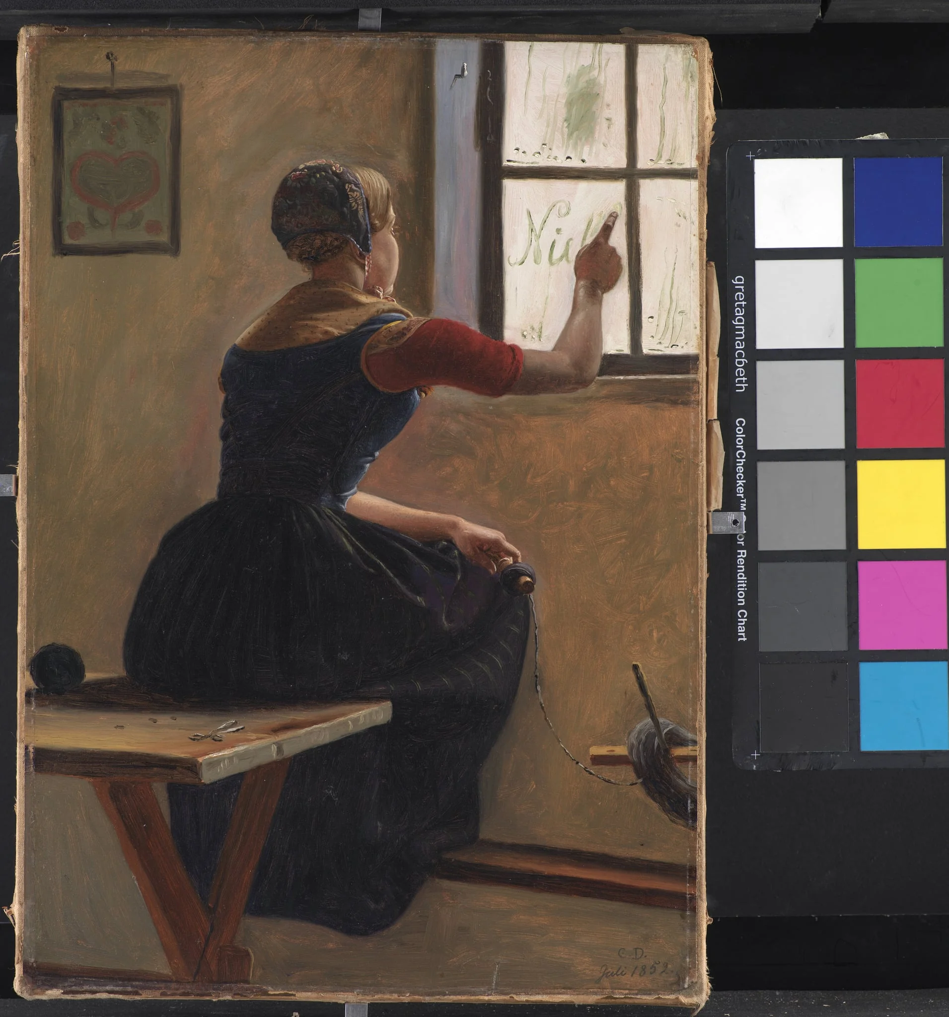 A Young Girl in Jutland Writing her Beloved's Name on a Misty Window, by Unknown, 1852