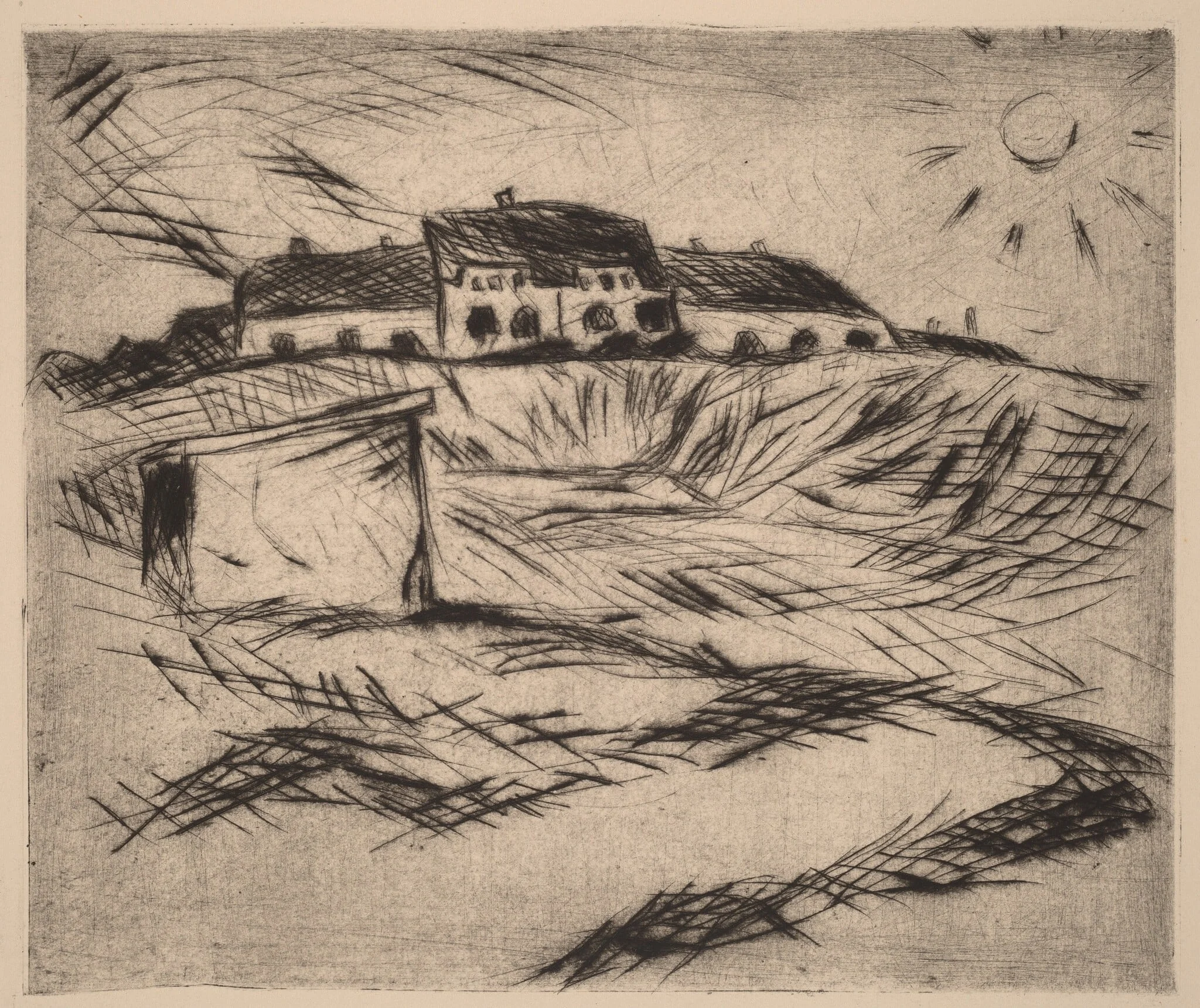 Barracks (Kaserne), by Walter Gramatté, ink, 1916