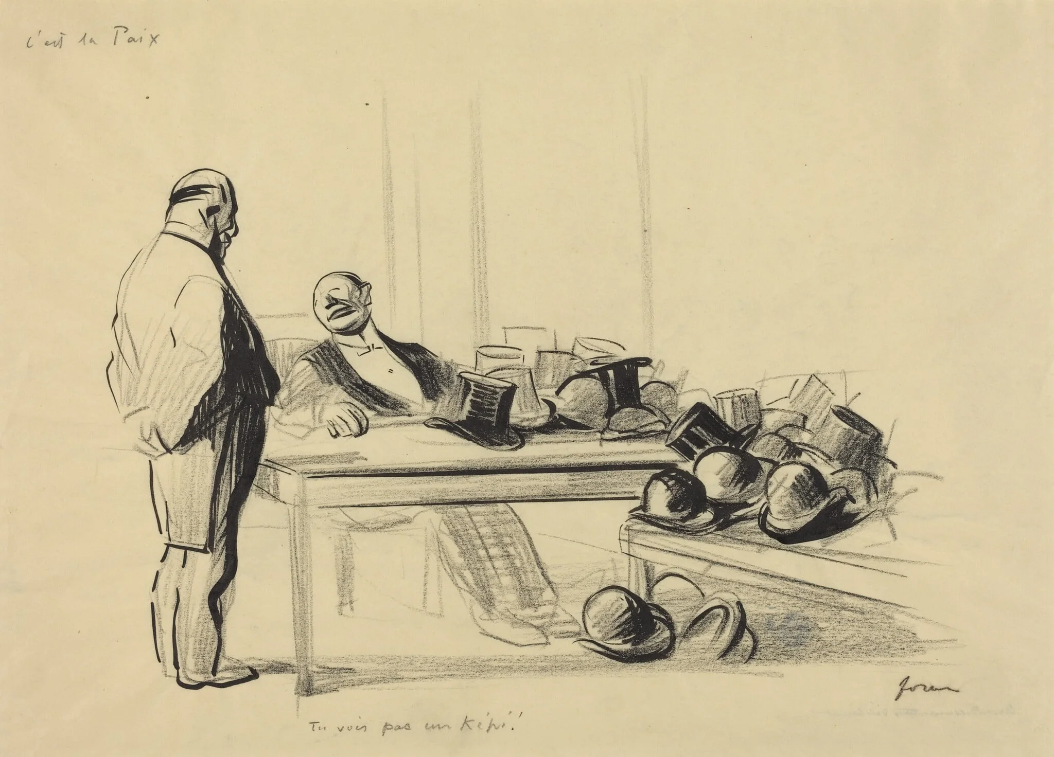 C'est la Paix.  Tu vois pas un kepi!, by Jean-Louis Forain, ink, 1919