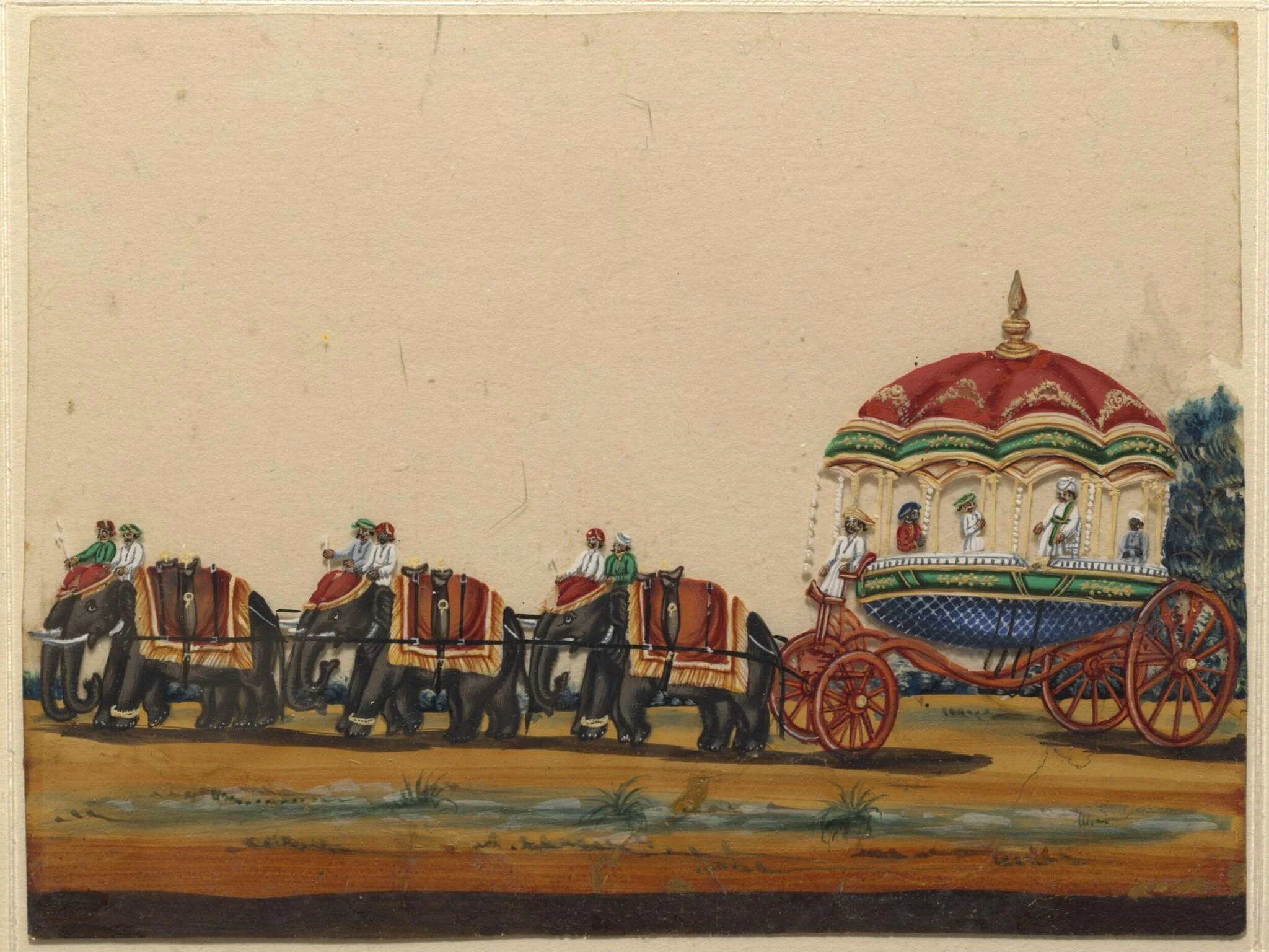 A carriage drawn by six elephants, by Unknown, paint, 1860