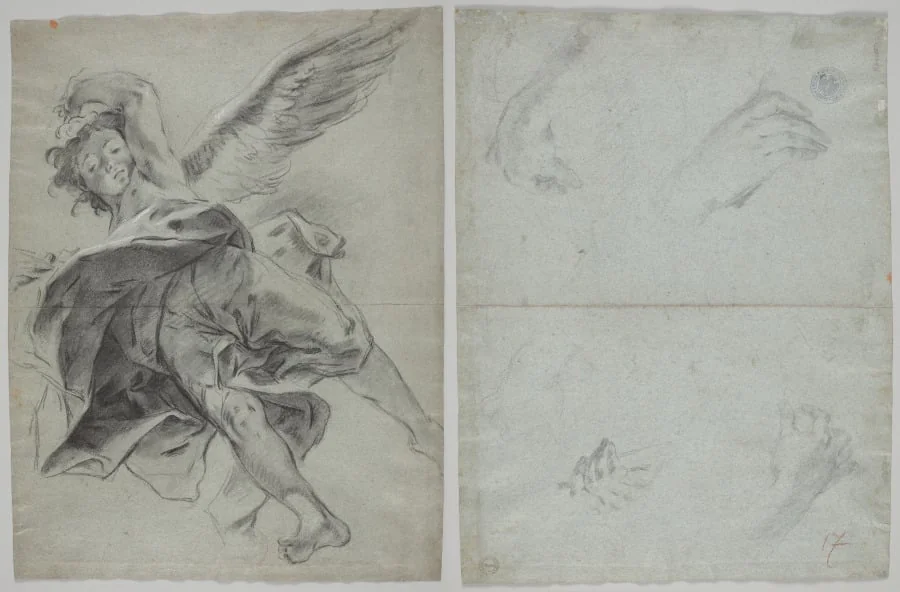 A Flying Angel (recto); Studies of Hands Playing Instruments (verso)