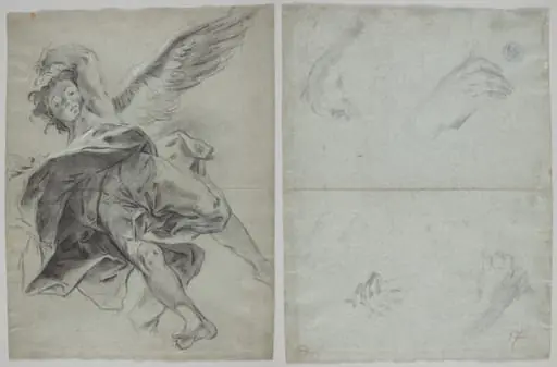 A Flying Angel (recto); Studies of Hands Playing Instruments (verso)