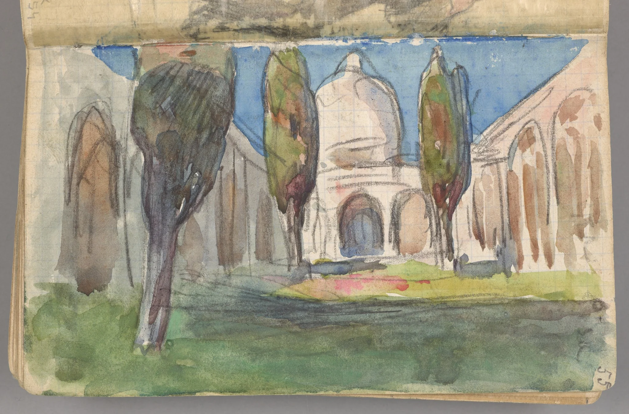 Sketchbook No. 2 - Landscape study - Moorish arcaded courtyard with cypresses; study of a woman with fan - two-page drawing, by Jan Stanisławski, unspecified, 1897
