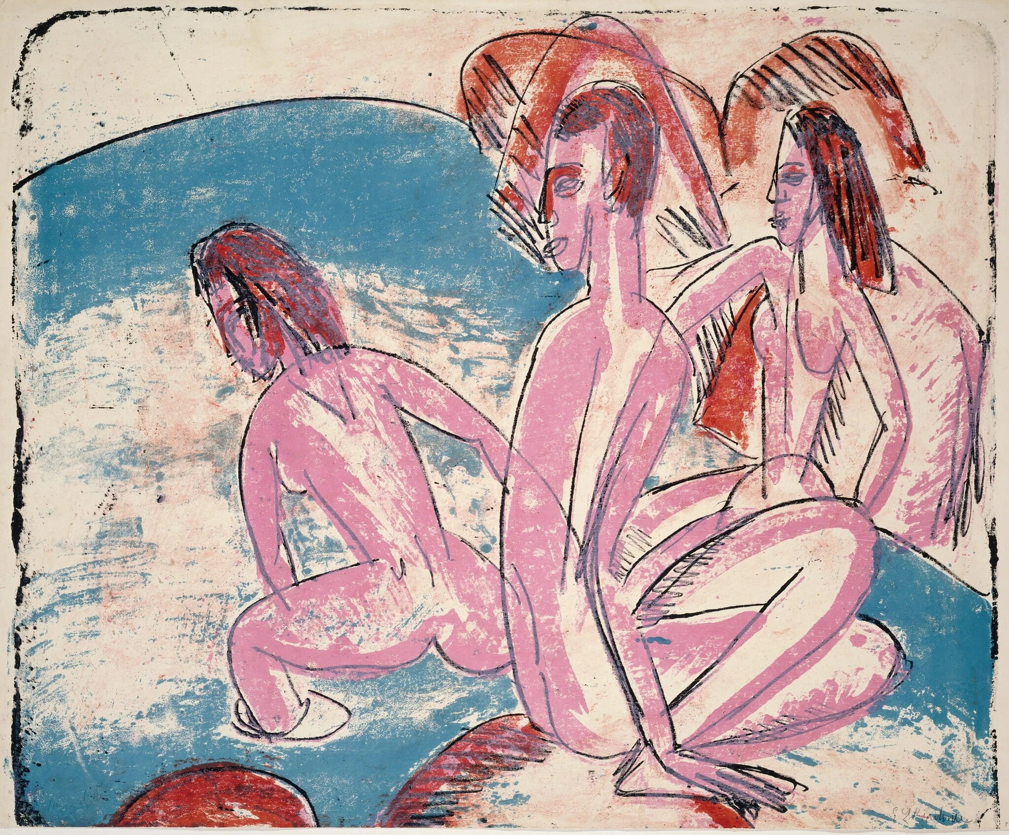 Three Bathers by Stones, by Ernst Ludwig Kirchner, ink, 1913