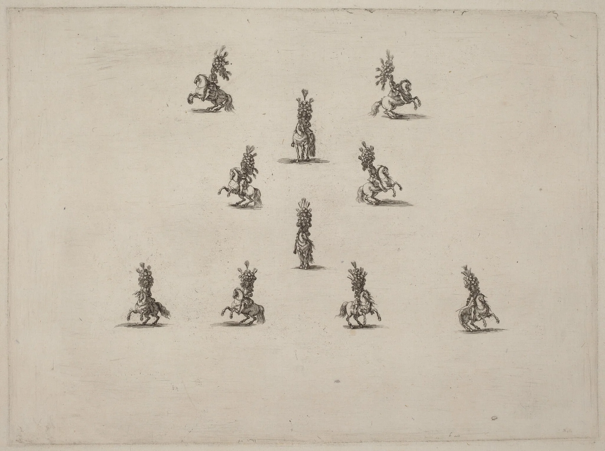 Ten Cavaliers with Large Plumed Helmets, by Stefano Della Bella, ink, 1652