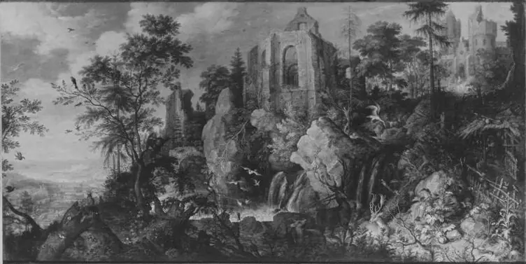 Landscape with a ruined church by a waterfall