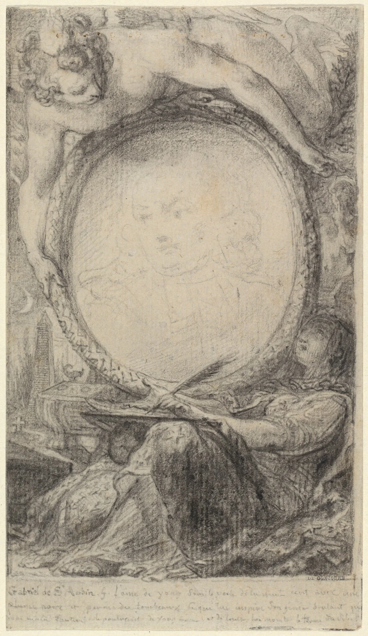 Allegorical Frame with a Genius and a Veiled Woman Writing, by Gabriel de Saint-Aubin, chalk, 1769
