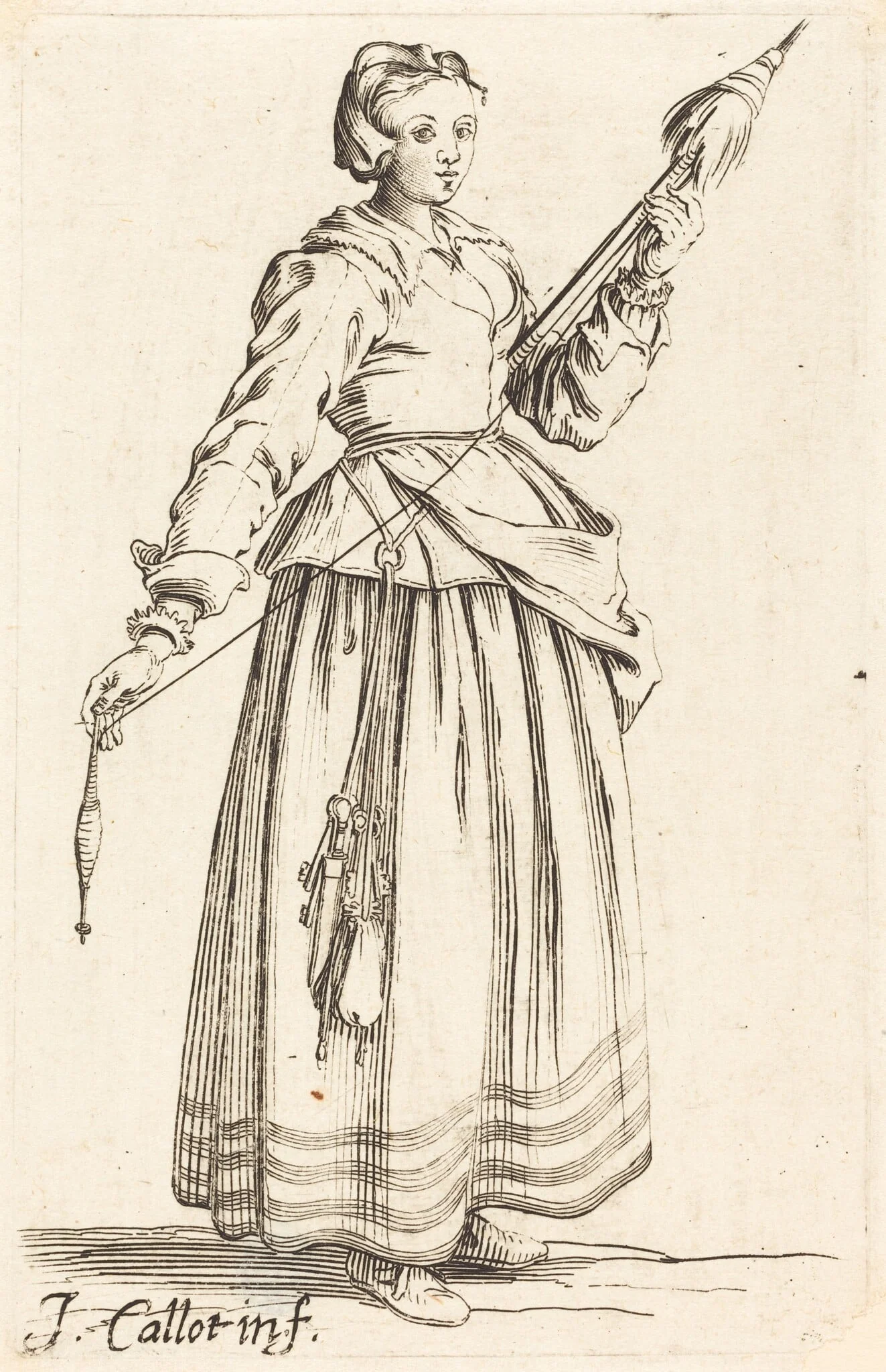 Young Woman with Distaff, Facing Right, by Israel Henriet, ink, 1626