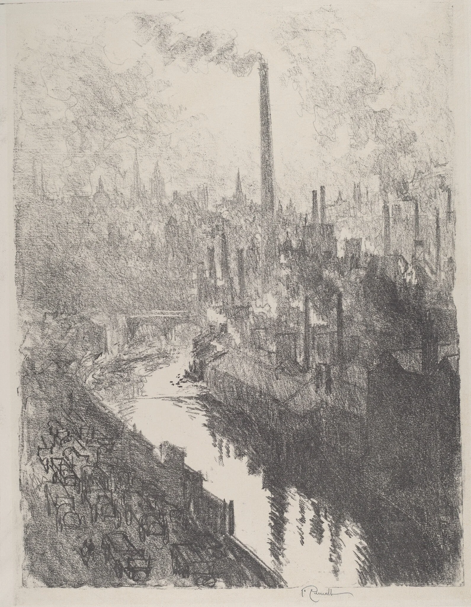 The Great Chimney, the Motor Park, by Joseph Pennell, ink, 1916