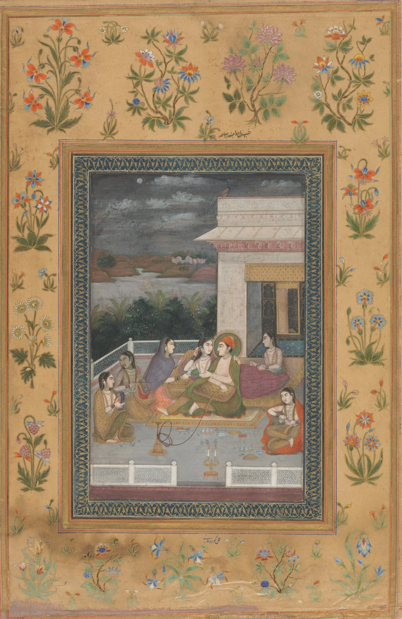 A Couple on a Terrace Surrounded by Attendants and Musicians, by Indian 18th Century, watercolor, 1701