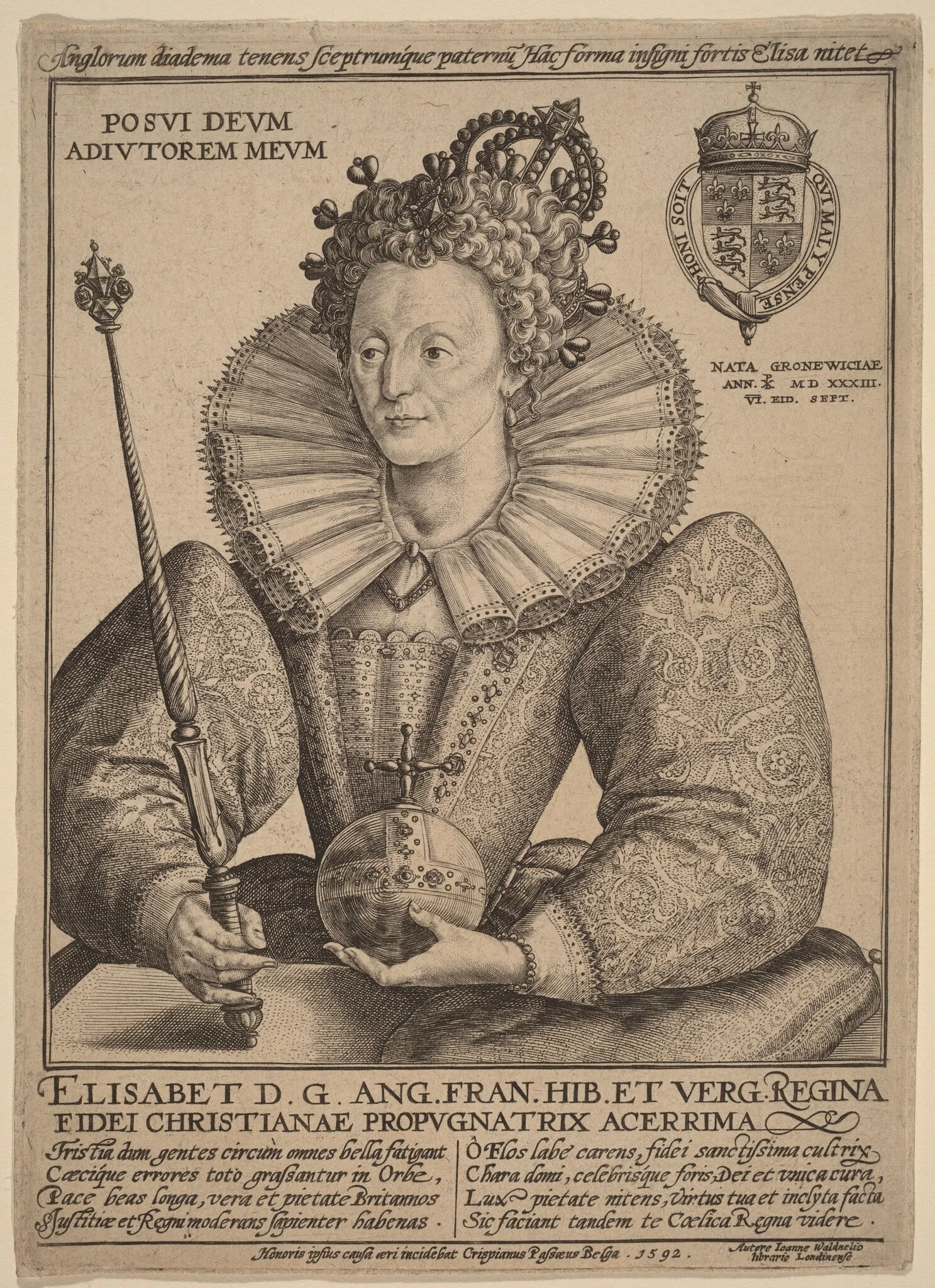 Elizabeth, Queen of England, by Crispijn van de Passe I, ink, 1592