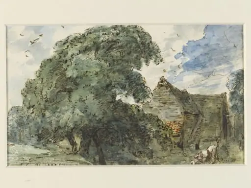 A barn, trees and a grey horse, near East Bergholt