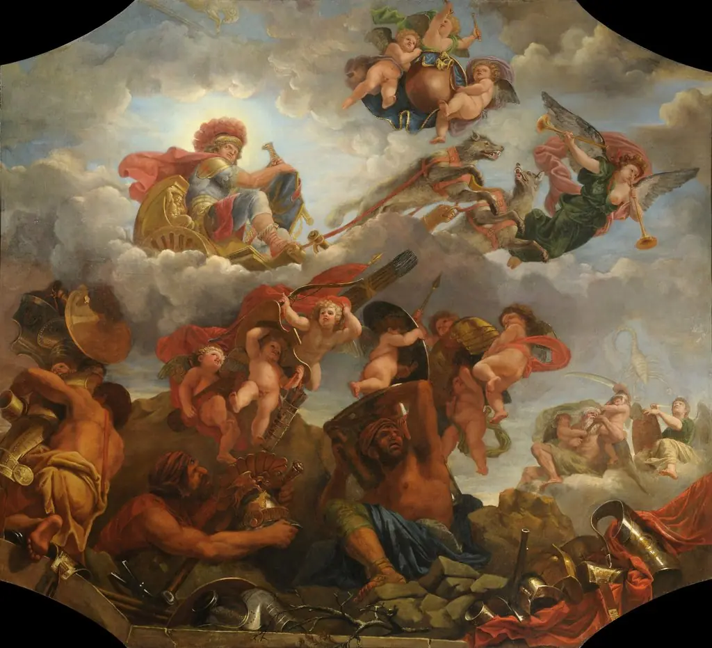 Mars on his chariot pulled by wolves