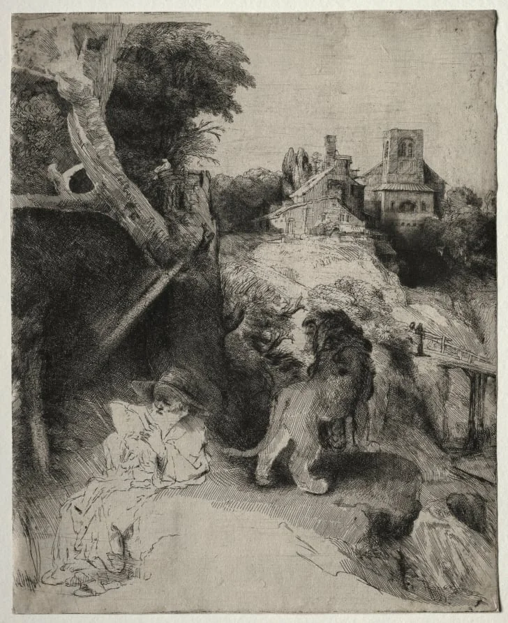 St. Jerome Reading in an Italian Landscape, by Rembrandt, 1653