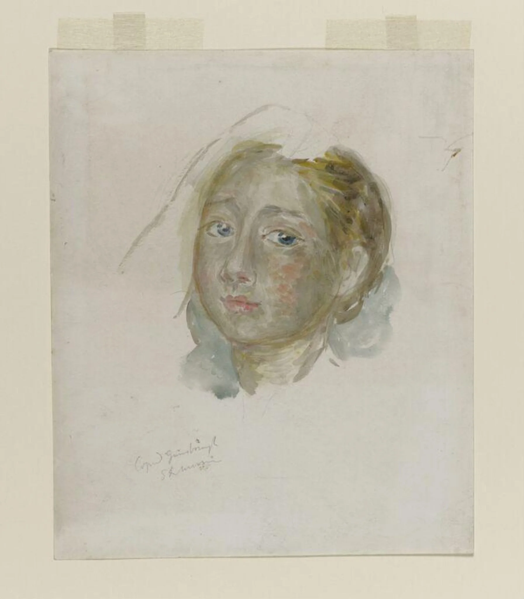 Margaret Gainsborough, copied from Thomas Gainsborough's portrait of his two daughters, Mary and Margaret (ca.1758) in the Victoria and Albert Museum, by Beatrix Potter, watercolor, 1895