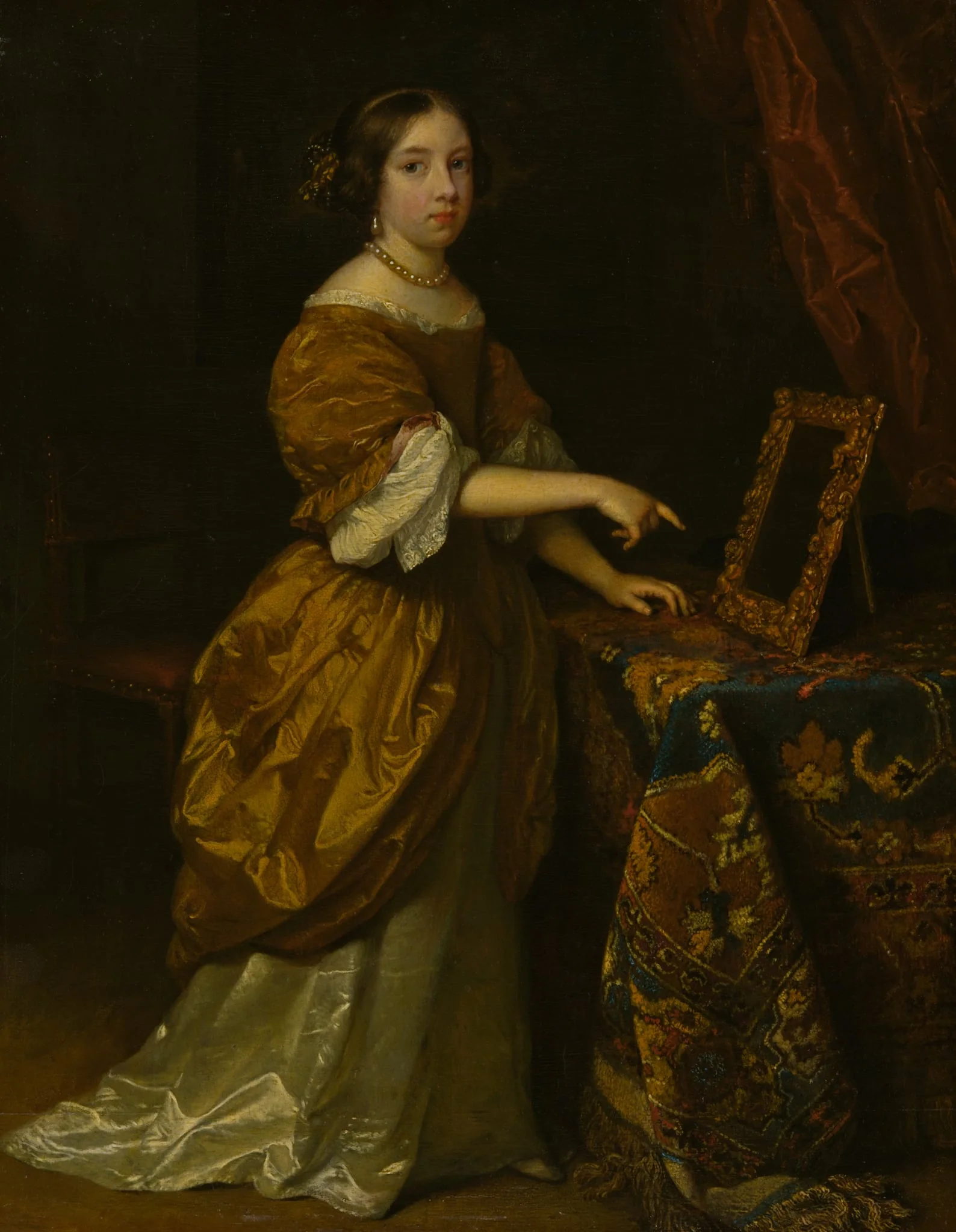 Girl Standing before a Mirror, by Caspar Netscher, oil, 1668