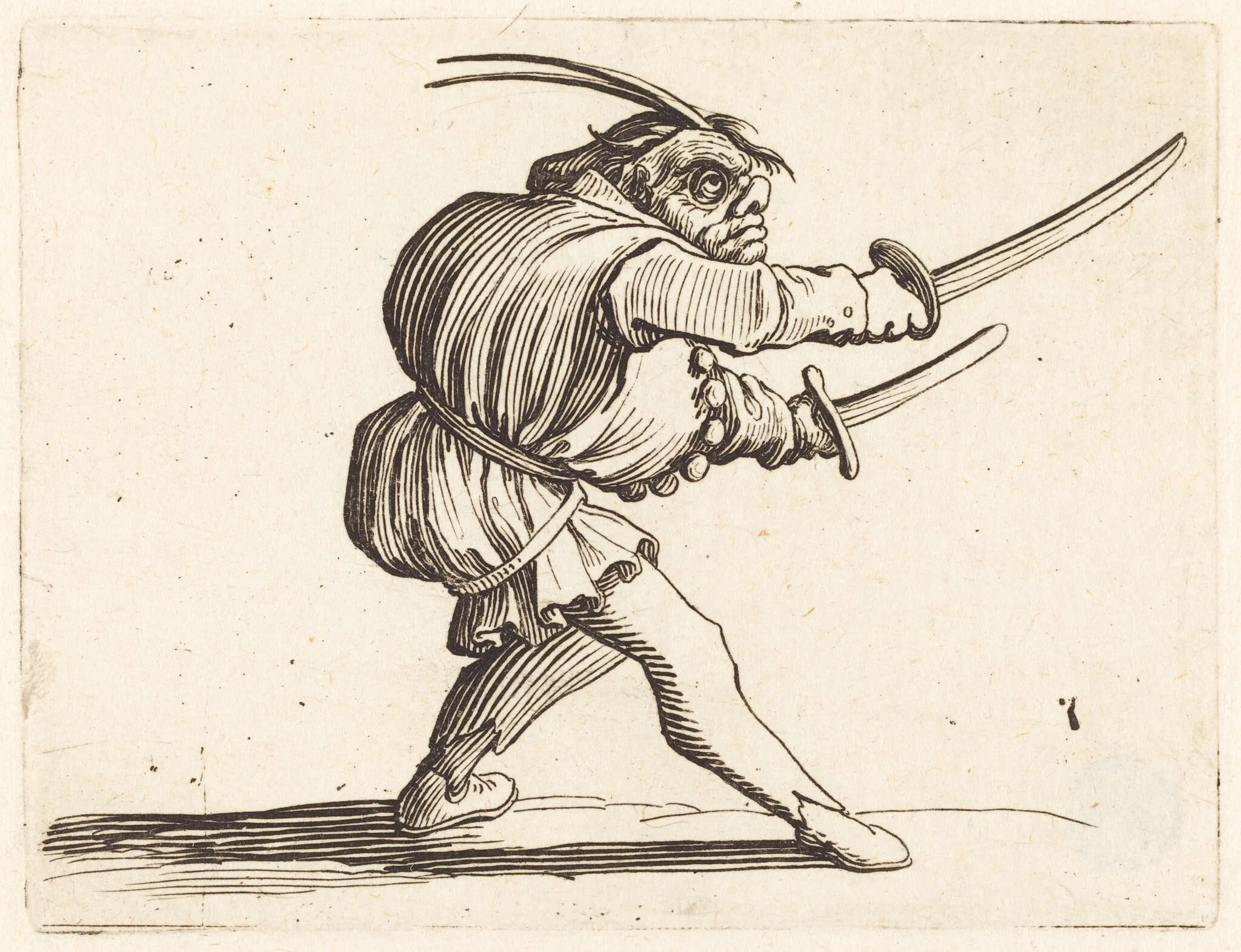 Duellist with Two Sabers, by Jacques Callot, ink, 1622