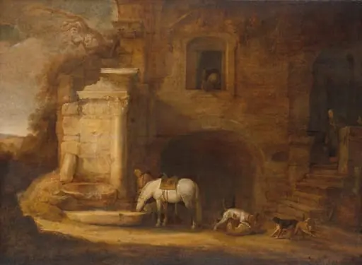 View of a Dilapidated Building with a Fountain