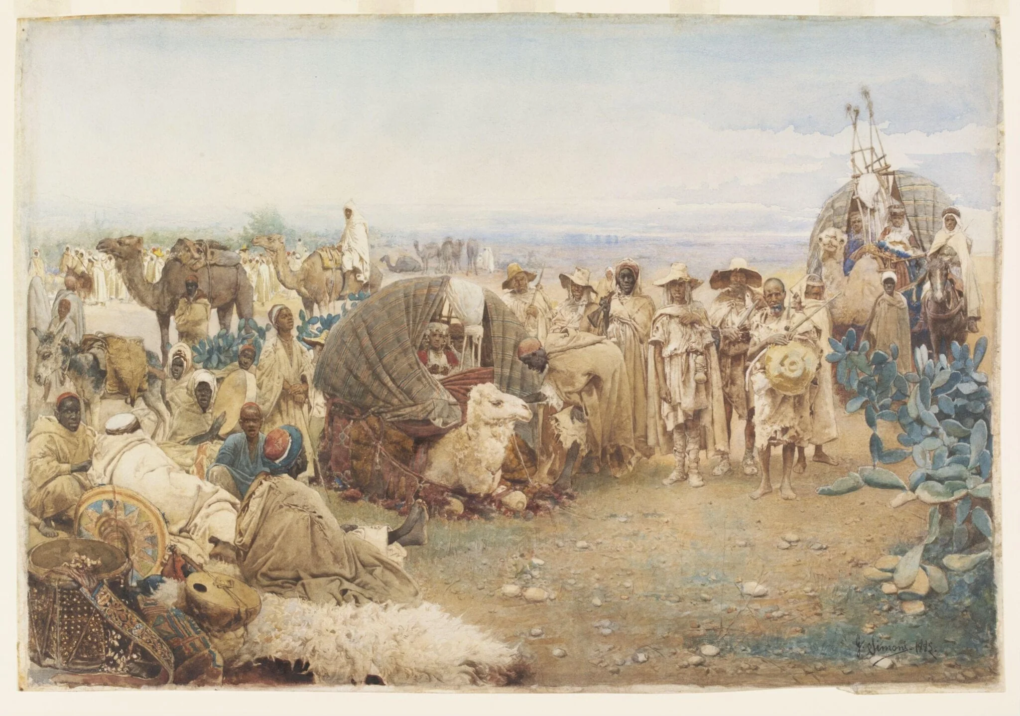Une Caravane en Repos en Kabylie, by Gustavo Simoni, watercolor, 1885