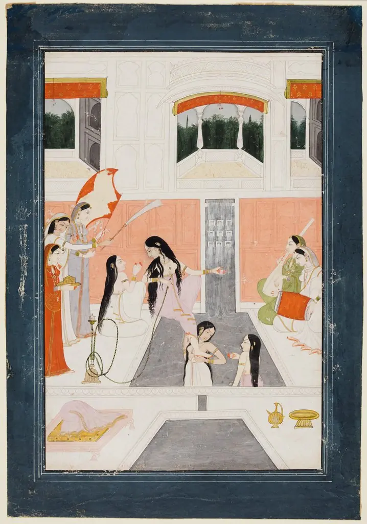 Palace Women Enjoy Music by the Side of a Water Cascade