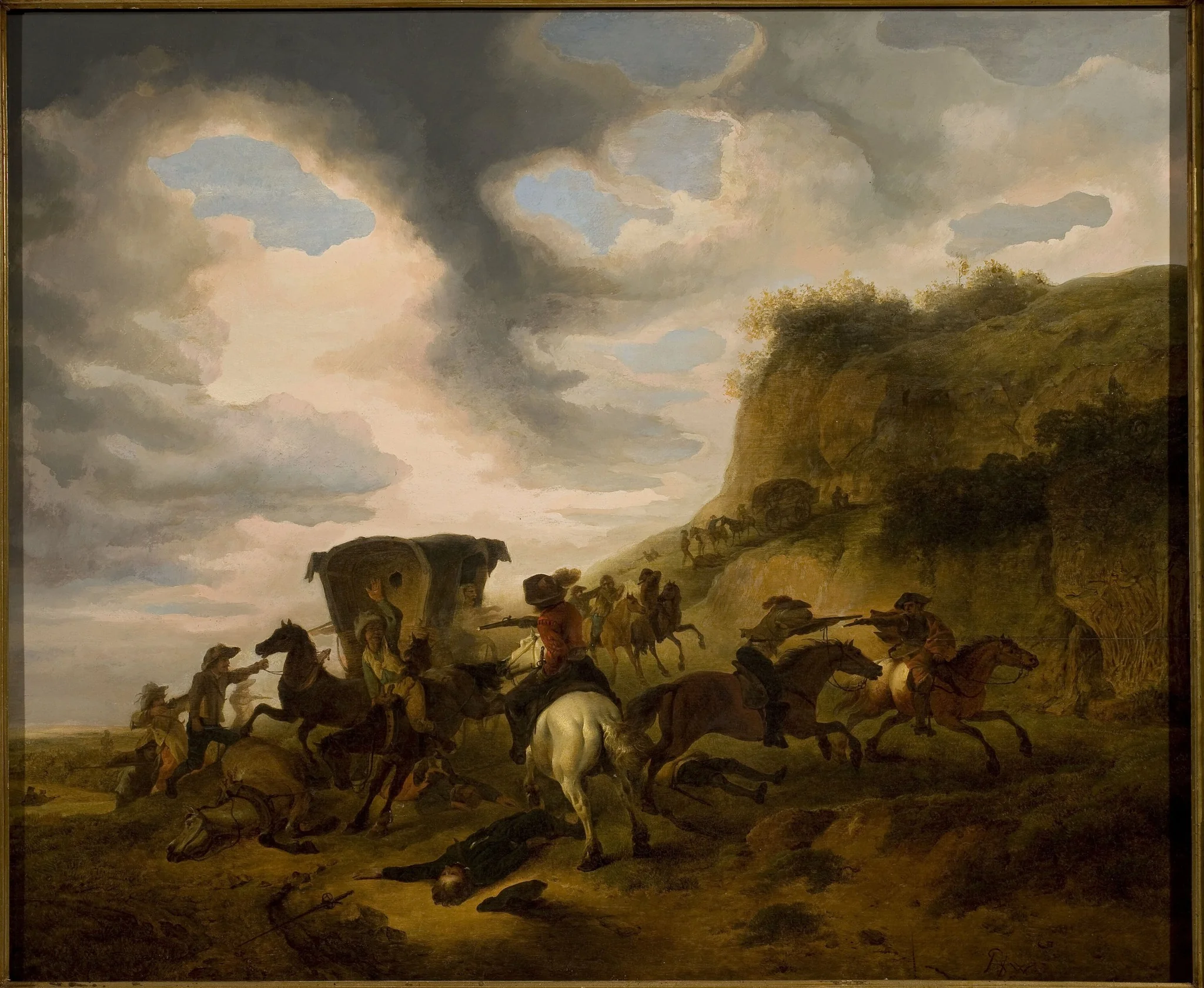 Assault on travellers, by Philips Wouwerman, oil, 1650