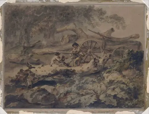 Landscape with timber wagon and wood cutters resting