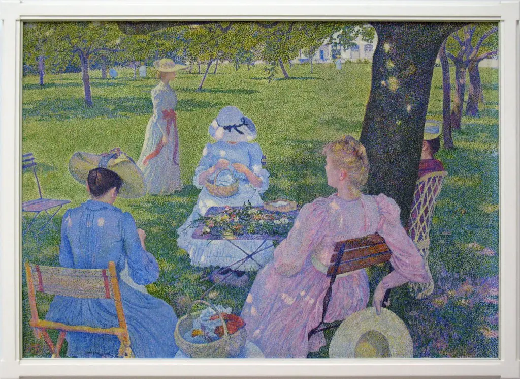A family gathering in an orchard
