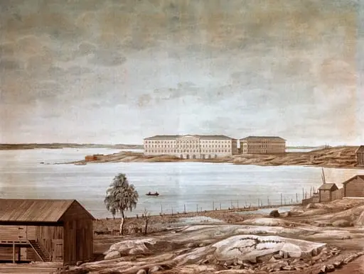 Meriväen kasarmi Katajanokalla Pohjoissatamasta nähtynä