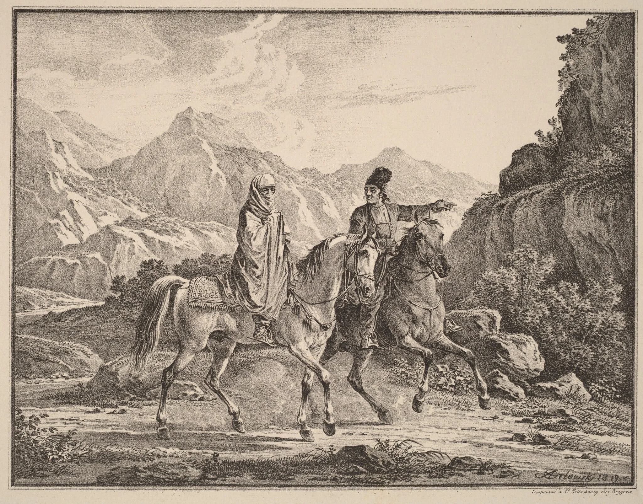 Man and Veiled Woman on Horseback, by Aleksandr Osipovich Orlovskii, ink, 1820