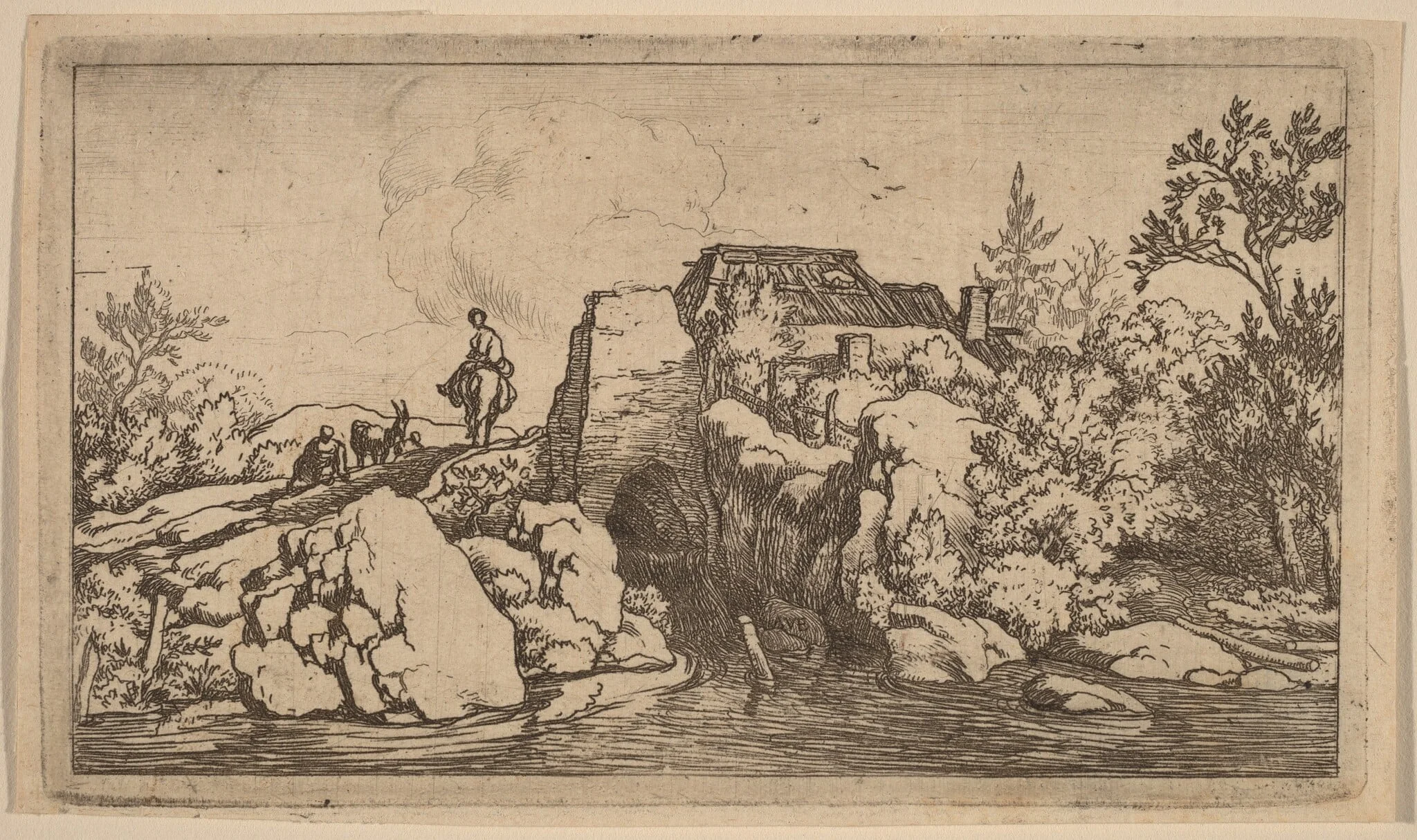 Horseman on a Stone Bridge, by Allart van Everdingen, ink, 1650