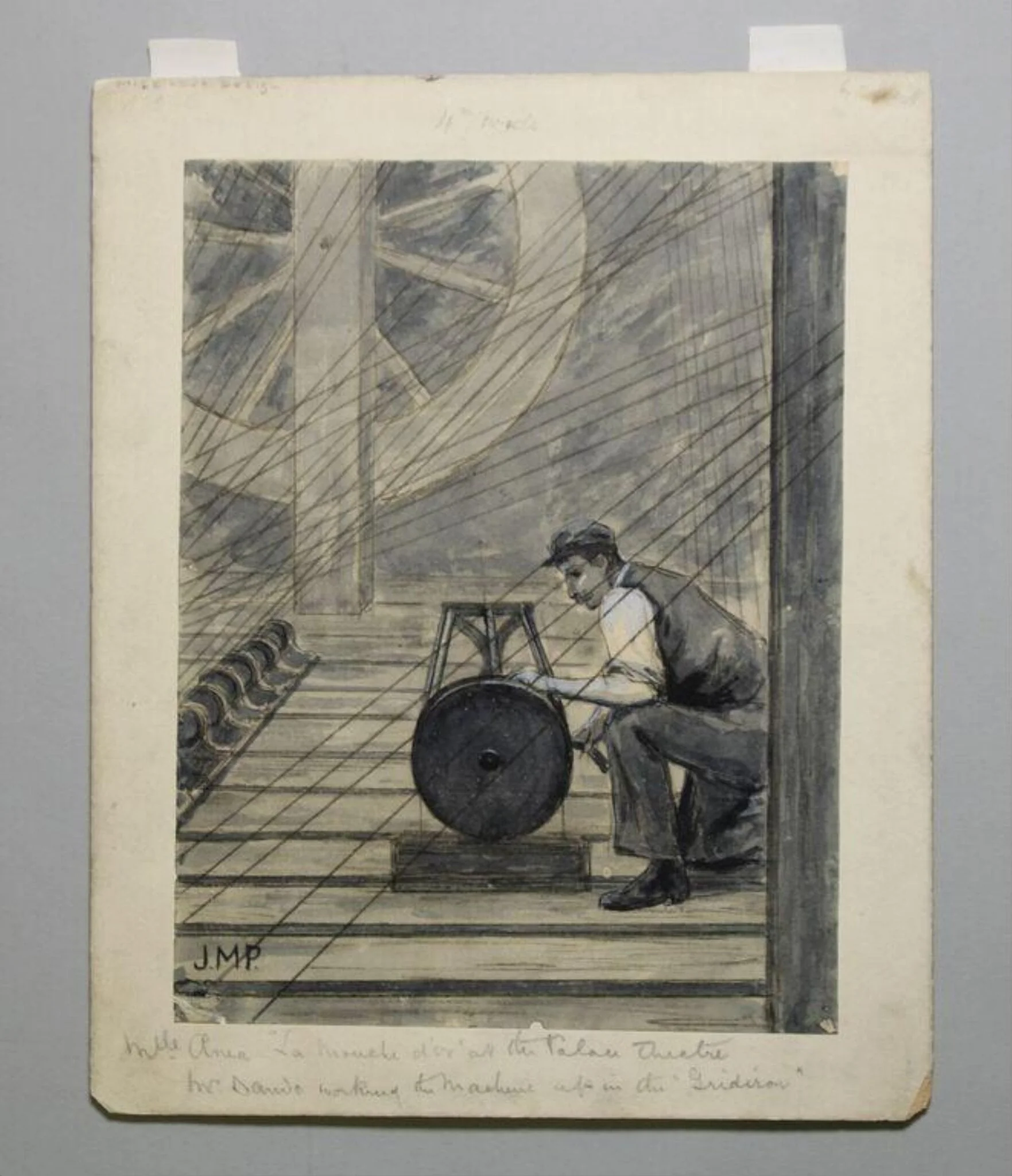 Mlle. Aenea at the Palace Theatre. Mr. Dando working the machine up in the gridiron, by Julius Mendes Price, watercolor, 1894