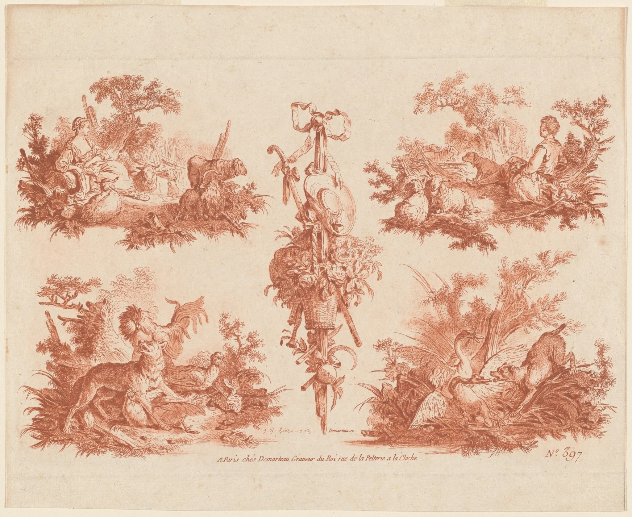 Two Pastoral Vignettes, Two Hunting Vignettes, and a Trophy, by Jean-Baptiste Hüet, chalk, 1774