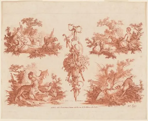 Two Pastoral Vignettes, Two Hunting Vignettes, and a Trophy