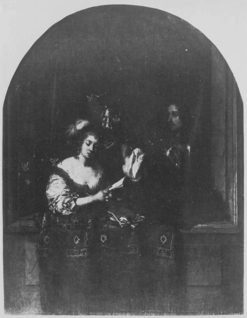 Woman singing and man playing a lute in a window, by Caspar Netscher, oil, 1665