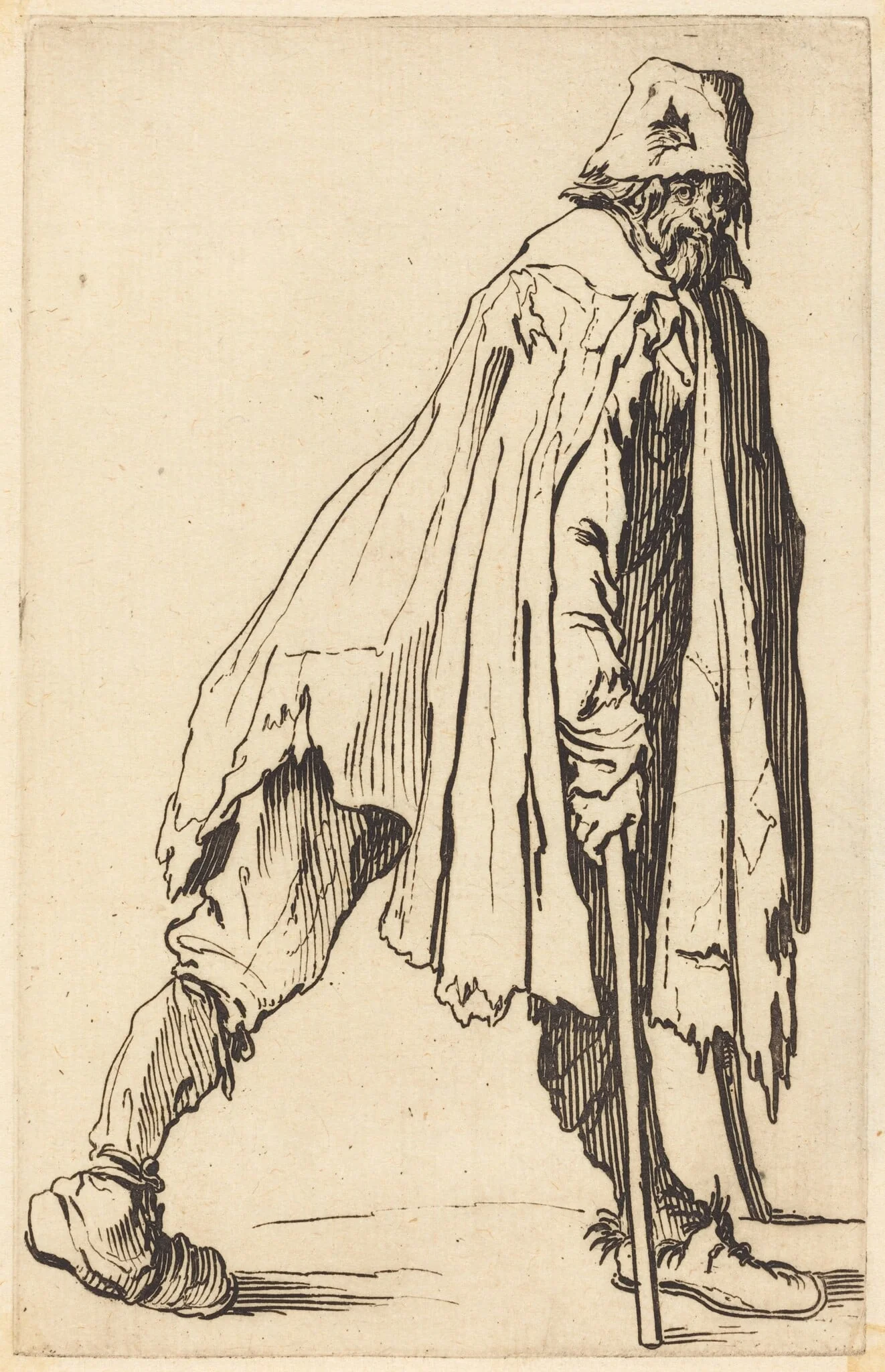 Beggar with Crutches and Cap, by Jacques Callot, ink, 1622