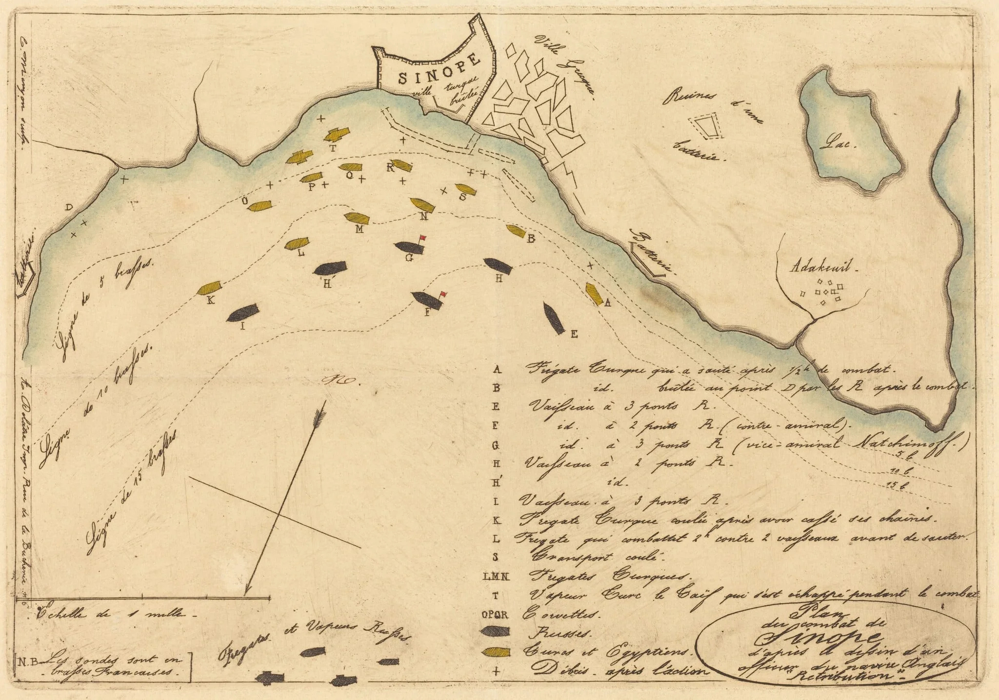 Plan du Combat de Sinope (Plan of the Battle of Sinope), by Charles Meryon, watercolor, 1853
