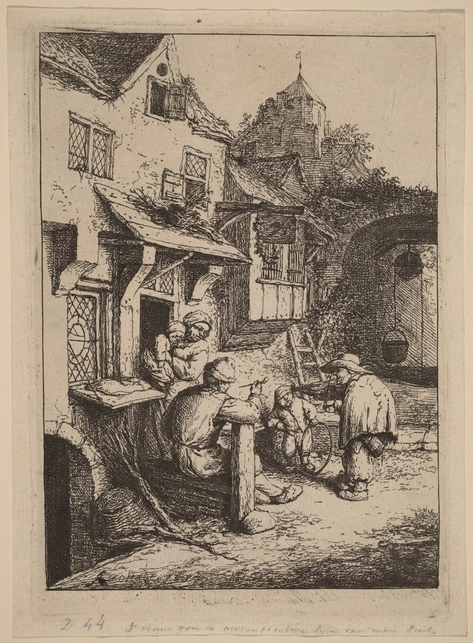 Peasant Family Entertained by a Fiddler with a Hunchback, by Adriaen van Ostade, ink, 1652