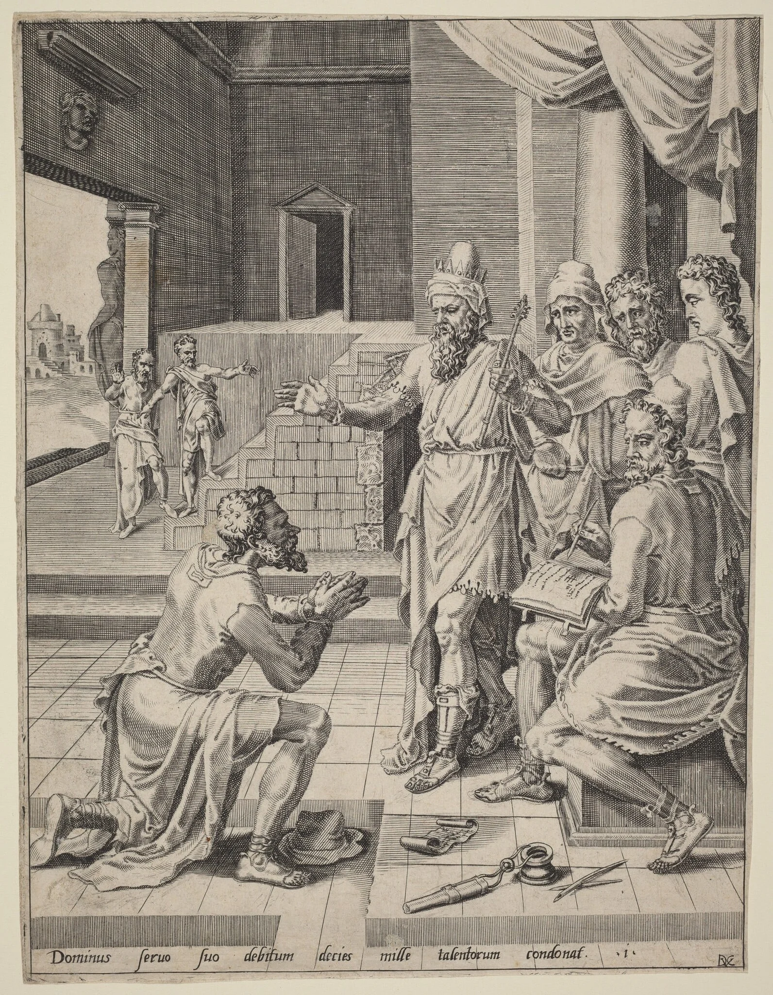 The King Forgiving His Servant His Debt, by Dirck Volckertz Coornhert, ink, 1554