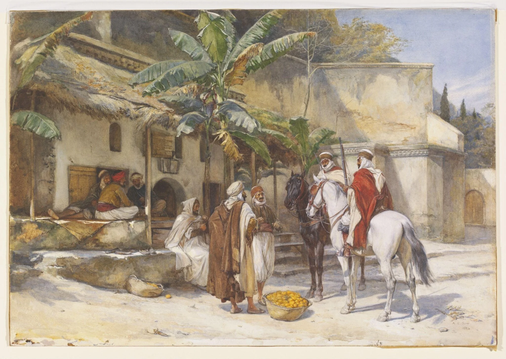 Village men conversing with two armed horsemen, Algiers, by Andrew Carrick RA RI Gow, watercolor, 1884