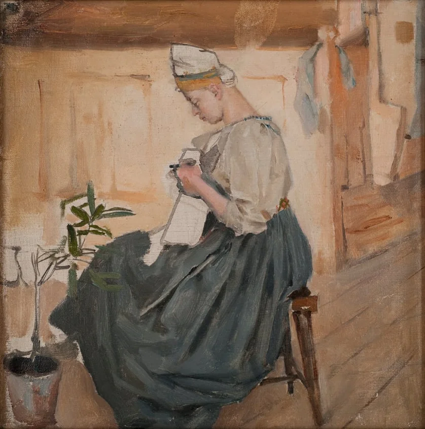 Mary Gallen ompelee karjalaistuvassa