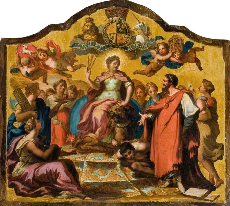 Allegorical Figures: Britannia Enthroned, Surrounded by Concord, Learning and Religion Overcoming Vice (from the Royal State Coach for George I)